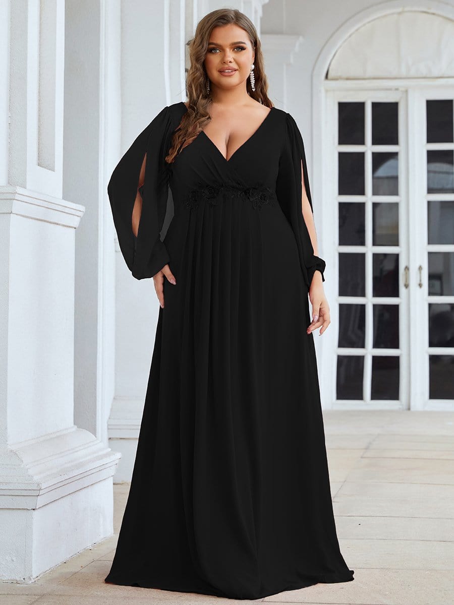 Robe de Soiree Longue Elegante Avec Lanterne en V Profond a Manches Fendues et Appliques #Couleur_Noir