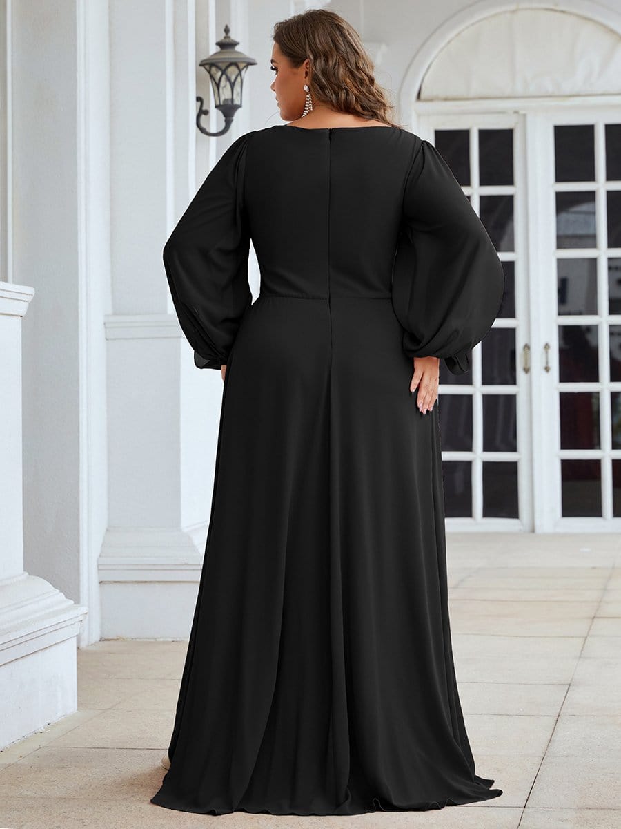 Robe de Soiree Longue Elegante Avec Lanterne en V Profond a Manches Fendues et Appliques #Couleur_Noir