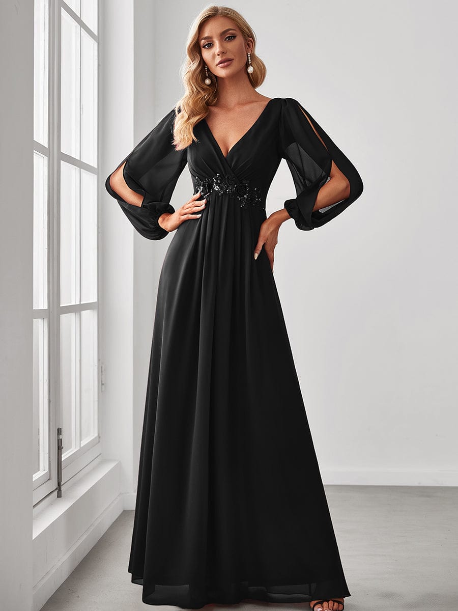 Robe de Soiree Longue Elegante Avec Lanterne en V Profond a Manches Fendues et Appliques #Couleur_Noir