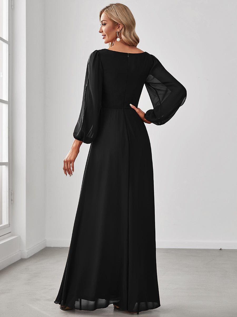 Robe de Soiree Longue Elegante Avec Lanterne en V Profond a Manches Fendues et Appliques #Couleur_Noir