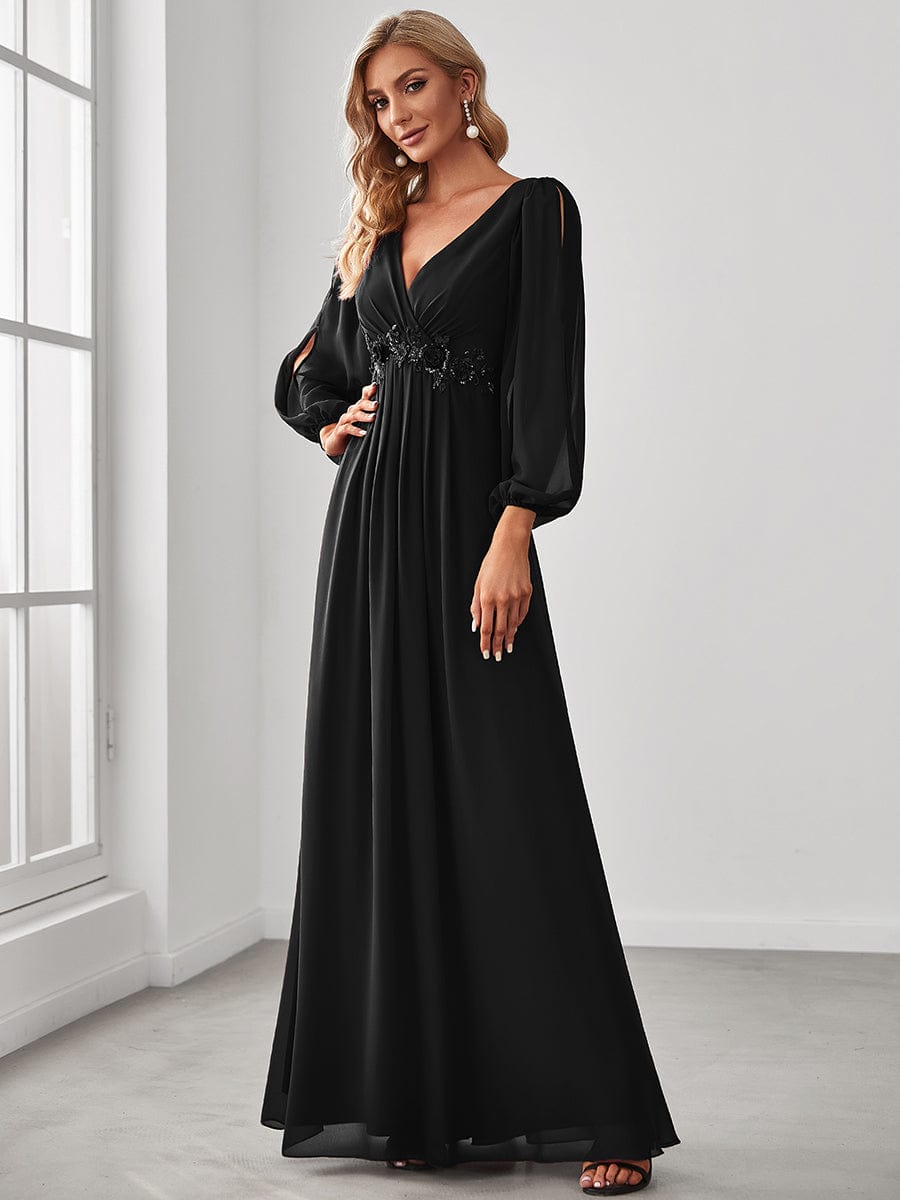 Robe de Soiree Longue Elegante Avec Lanterne en V Profond a Manches Fendues et Appliques #Couleur_Noir