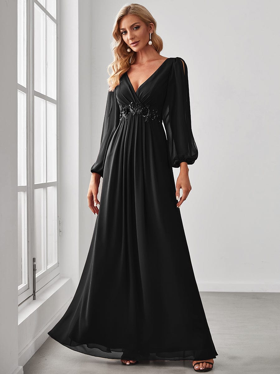 Robe de Soiree Longue Elegante Avec Lanterne en V Profond a Manches Fendues et Appliques #Couleur_Noir