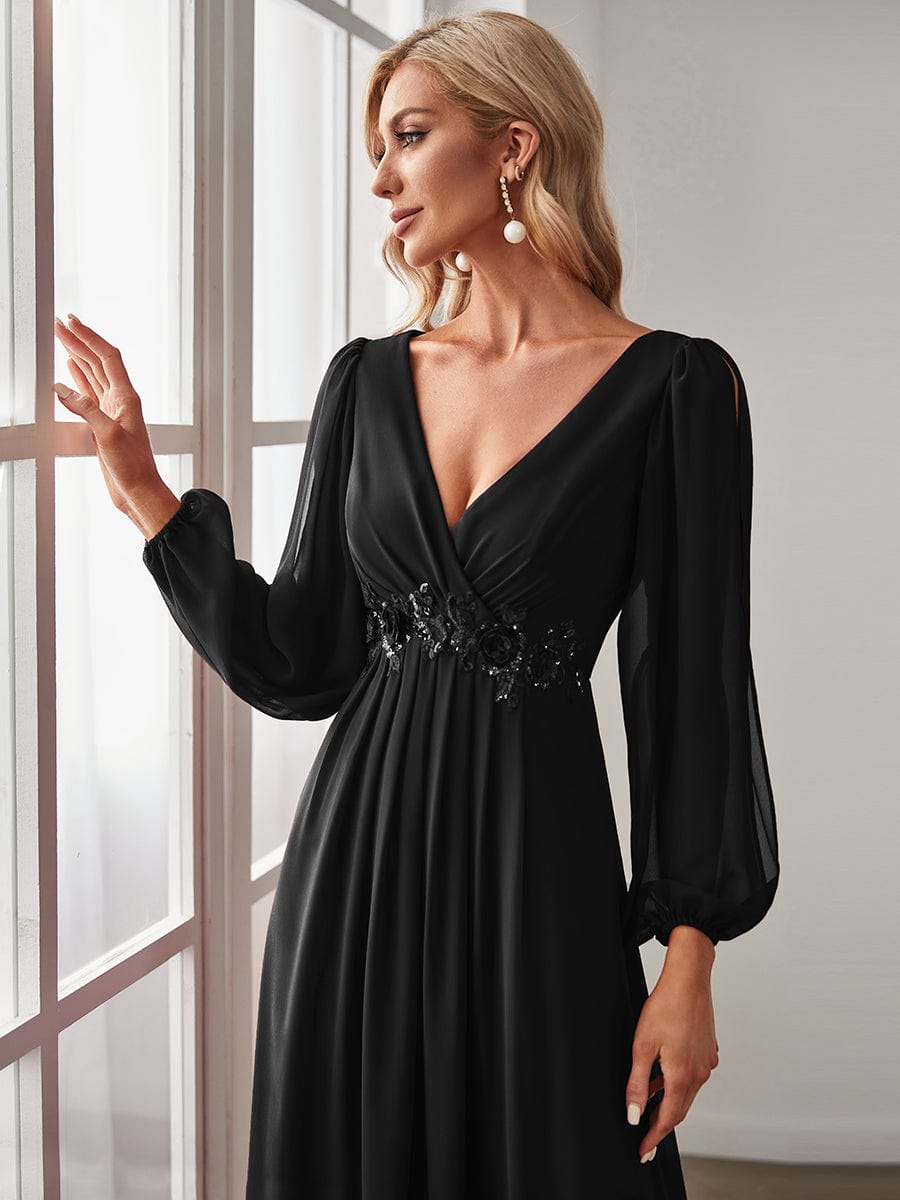 Robe de Soiree Longue Elegante Avec Lanterne en V Profond a Manches Fendues et Appliques #Couleur_Noir