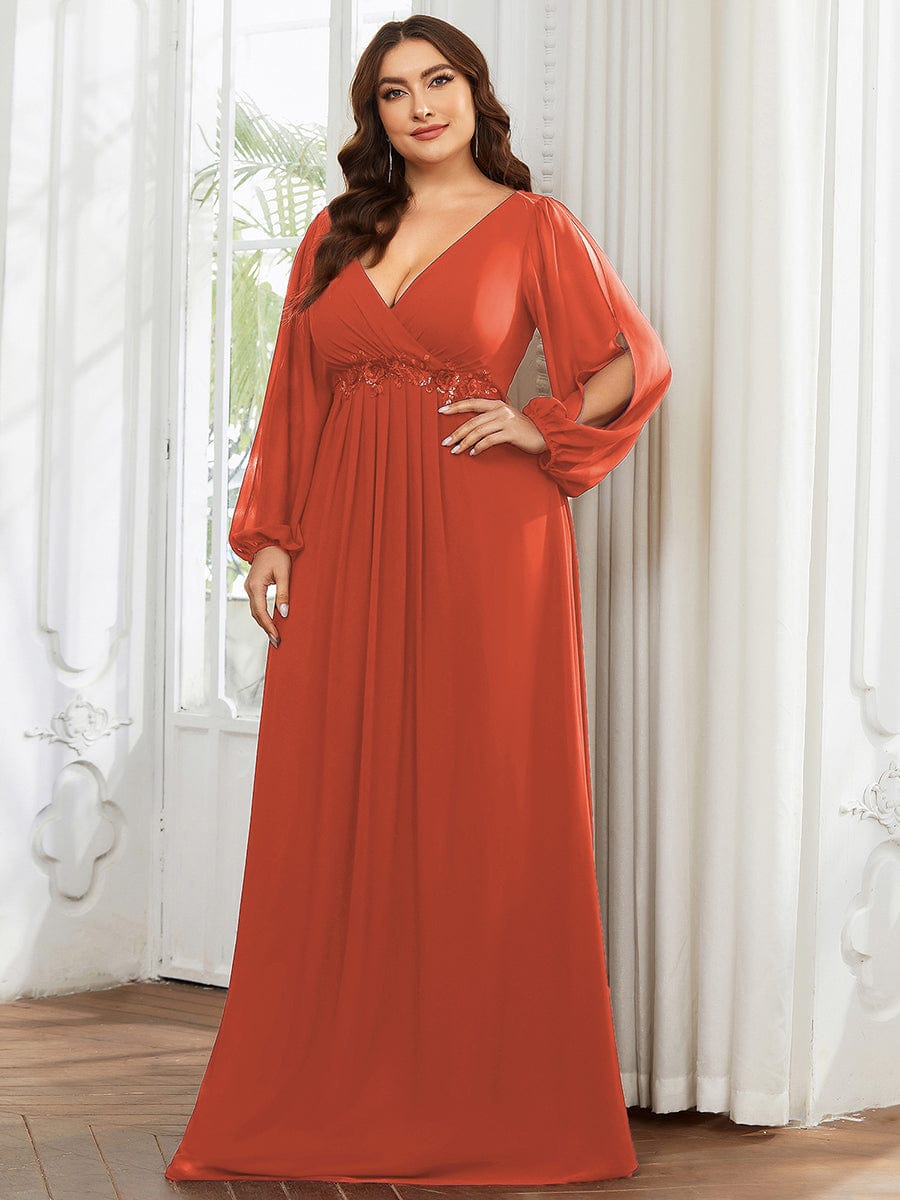 Robe de Soiree Longue Elegante Avec Lanterne en V Profond a Manches Fendues et Appliques #Couleur_Burnt Orange