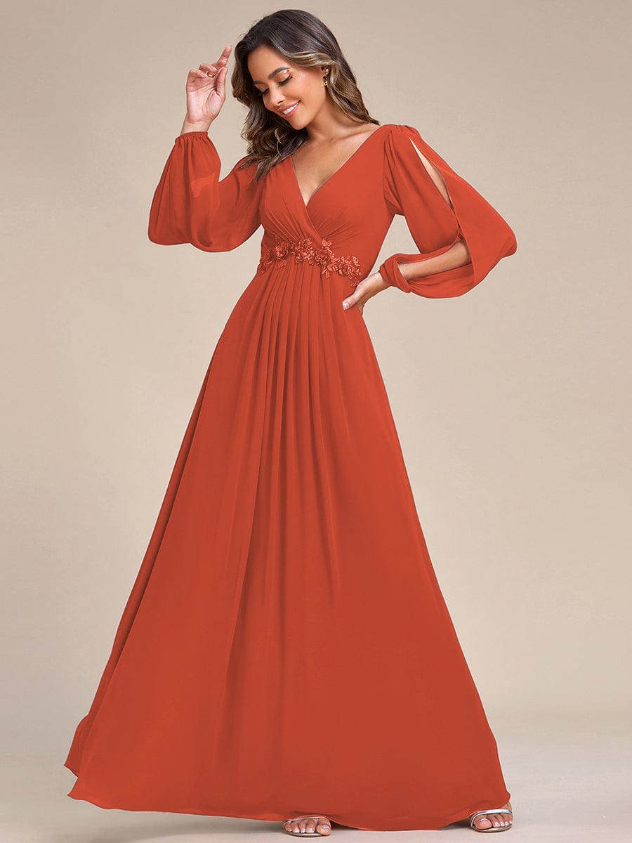 Robe de Soiree Longue Elegante Avec Lanterne en V Profond a Manches Fendues et Appliques #Couleur_Burnt Orange