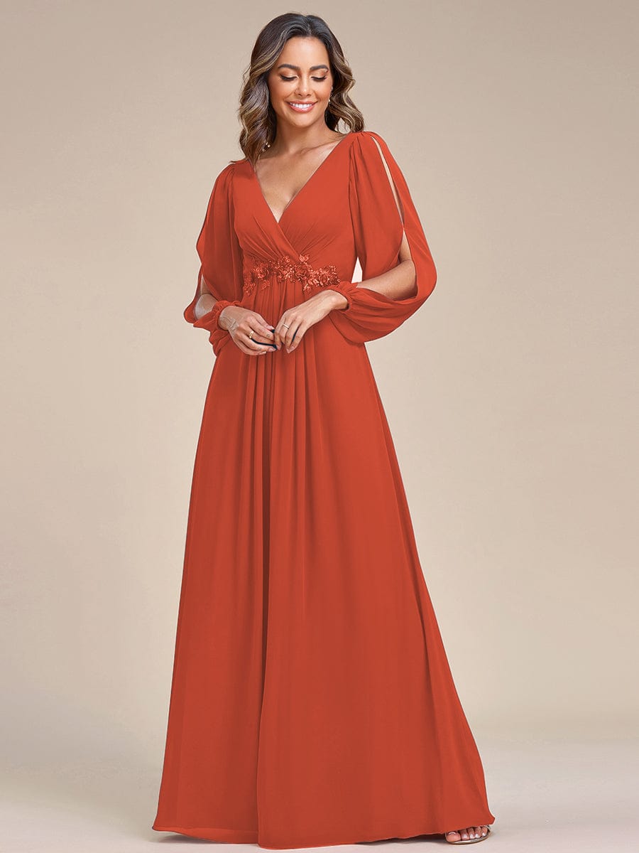 Robe de Soiree Longue Elegante Avec Lanterne en V Profond a Manches Fendues et Appliques #Couleur_Burnt Orange