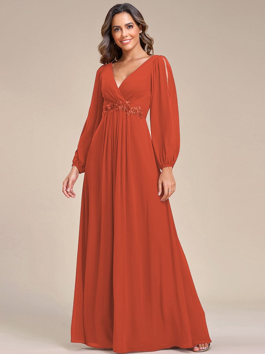 Robe de Soiree Longue Elegante Avec Lanterne en V Profond a Manches Fendues et Appliques #Couleur_Burnt Orange