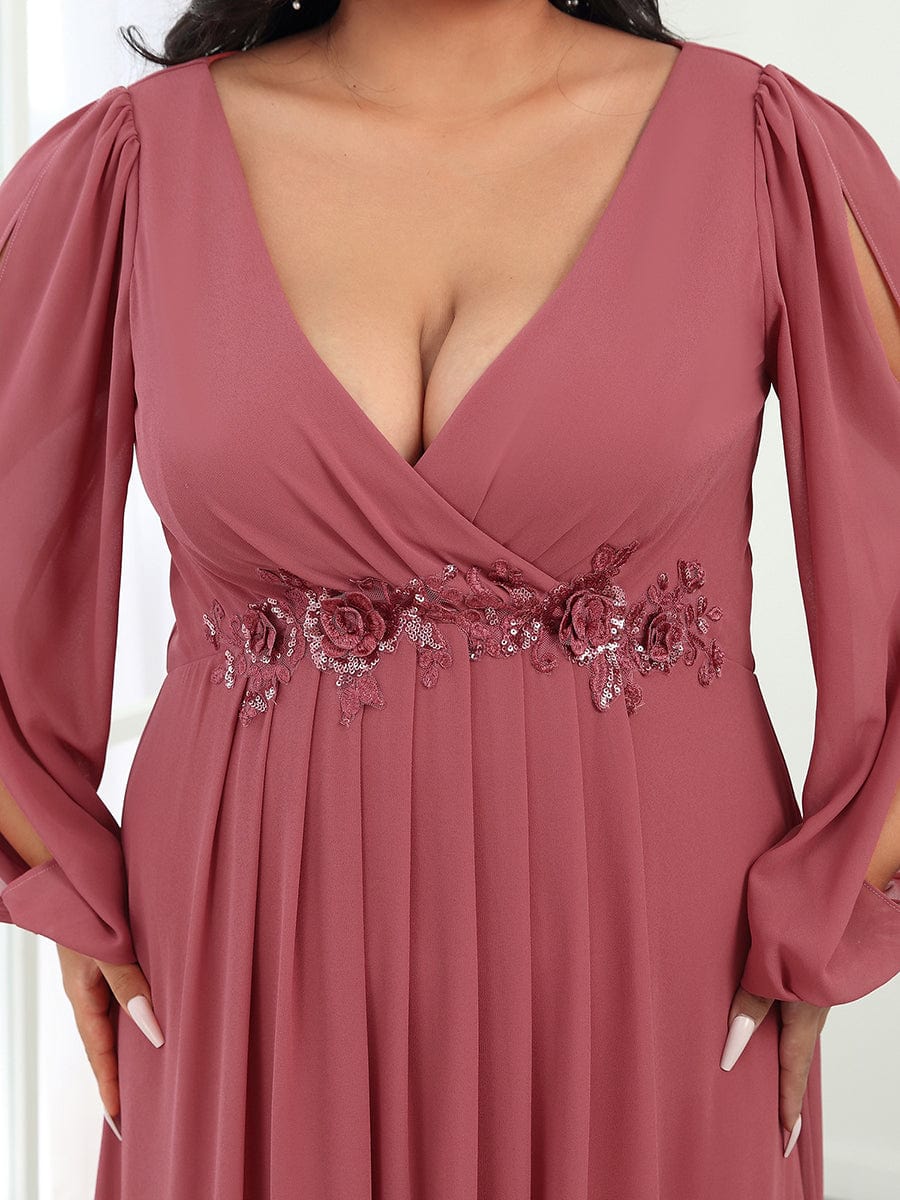 Robe de Soiree Longue Elegante Avec Lanterne en V Profond a Manches Fendues et Appliques #Couleur_Rose corail