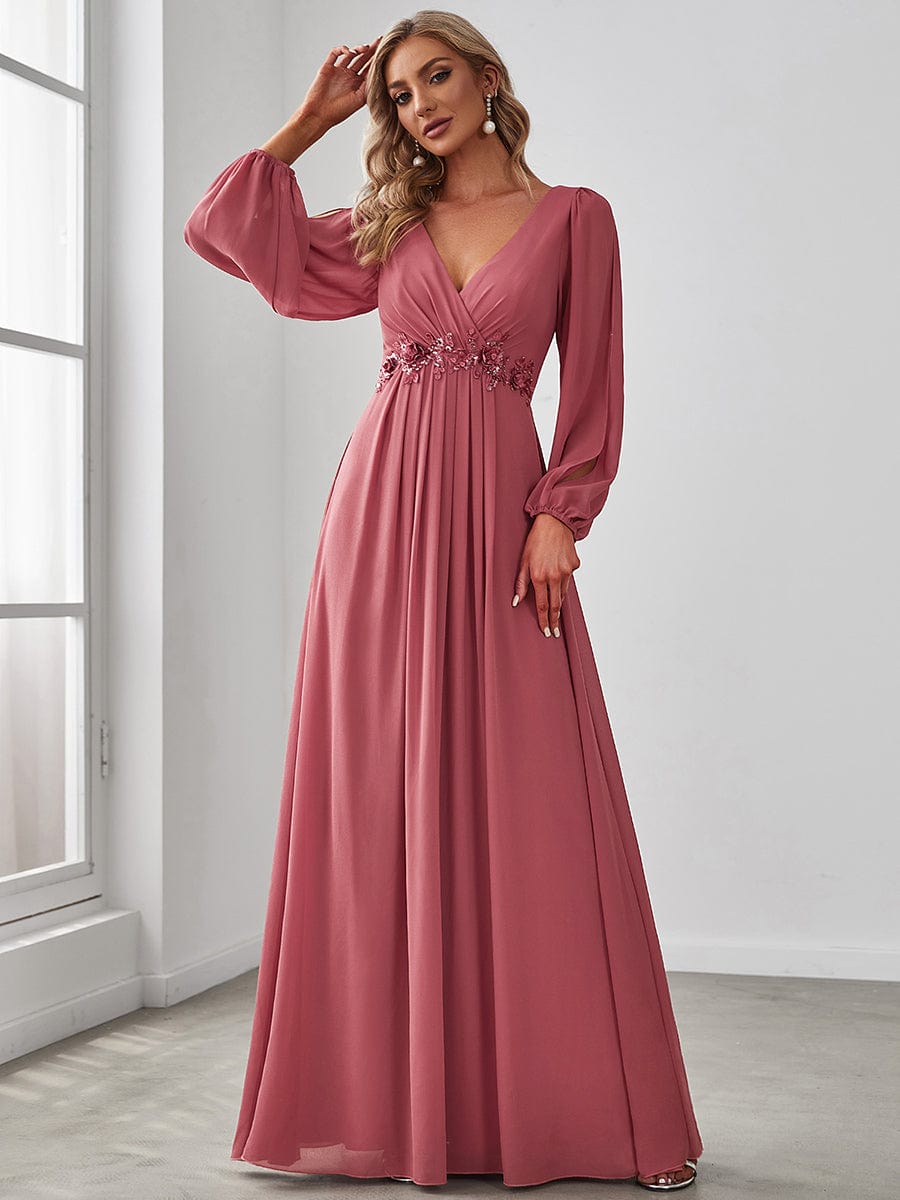 Robe de Soiree Longue Elegante Avec Lanterne en V Profond a Manches Fendues et Appliques #Couleur_Rose corail