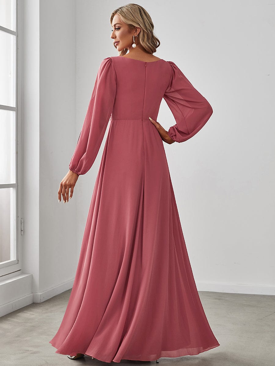 Robe de Soiree Longue Elegante Avec Lanterne en V Profond a Manches Fendues et Appliques #Couleur_Rose corail