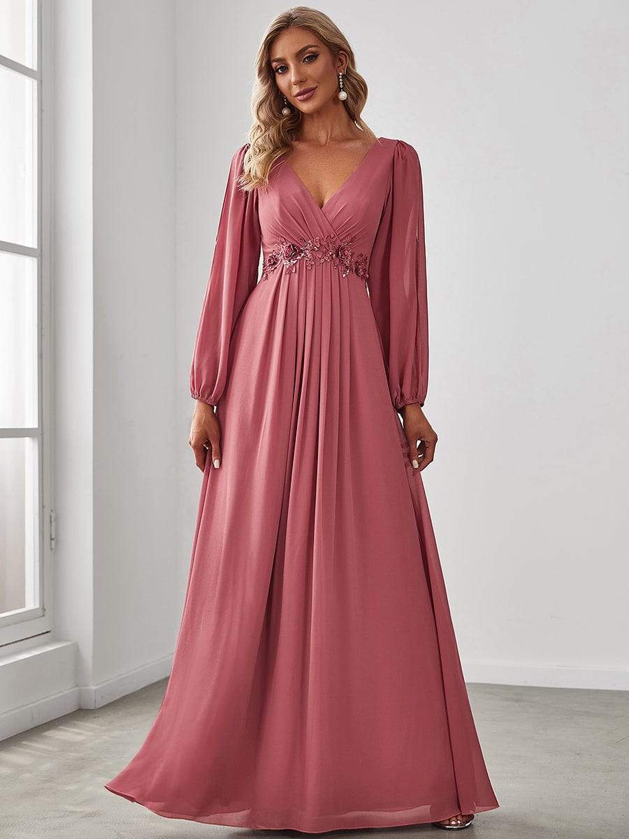 Robe de Soiree Longue Elegante Avec Lanterne en V Profond a Manches Fendues et Appliques #Couleur_Rose corail