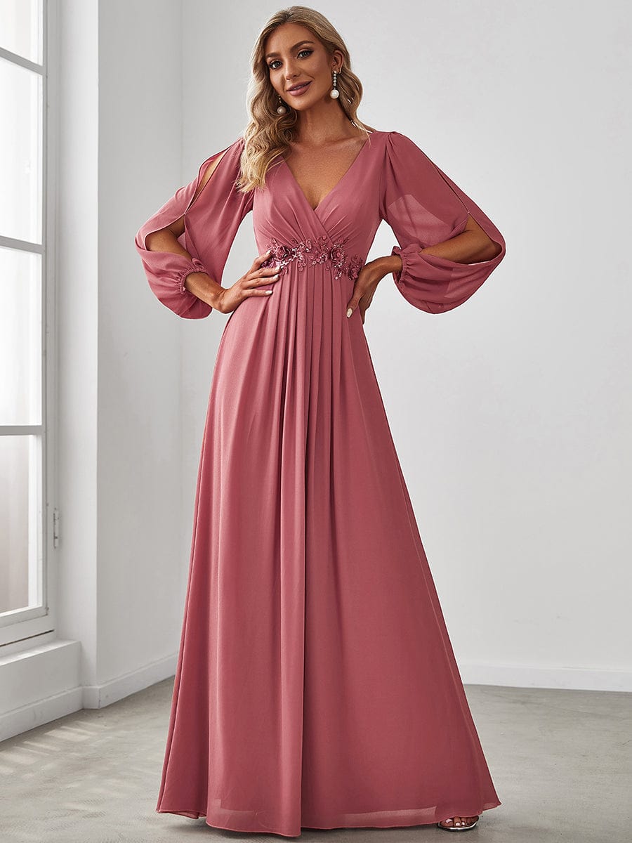 Robe de Soiree Longue Elegante Avec Lanterne en V Profond a Manches Fendues et Appliques #Couleur_Rose corail