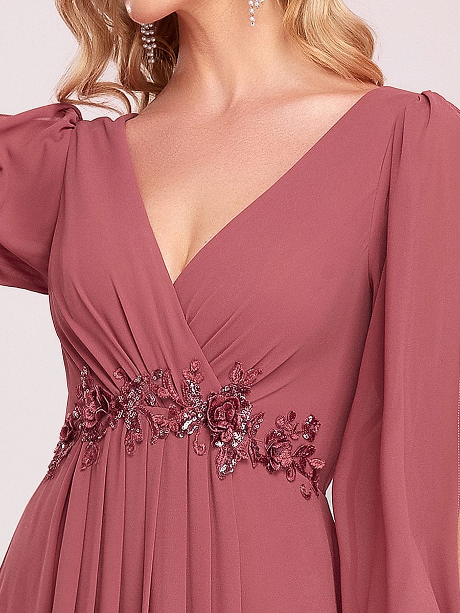 Robe de Soiree Longue Elegante Avec Lanterne en V Profond a Manches Fendues et Appliques #Couleur_Rose corail