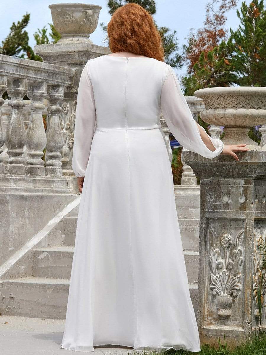 Robe de Soiree Longue Elegante Avec Lanterne en V Profond a Manches Fendues et Appliques #Couleur_Creme