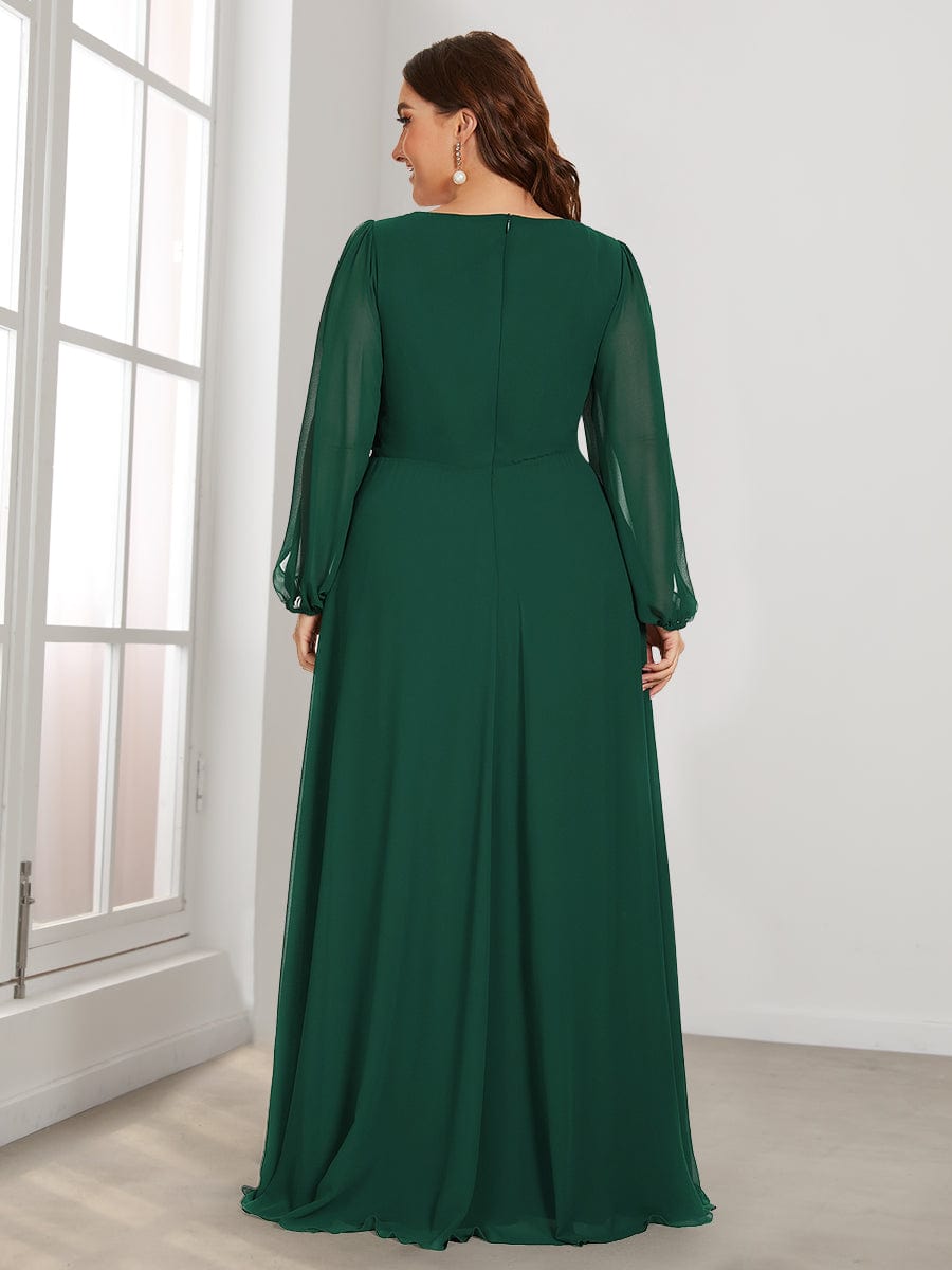 Robe de Soiree Longue Elegante Avec Lanterne en V Profond a Manches Fendues et Appliques #Couleur_Vert Fonce