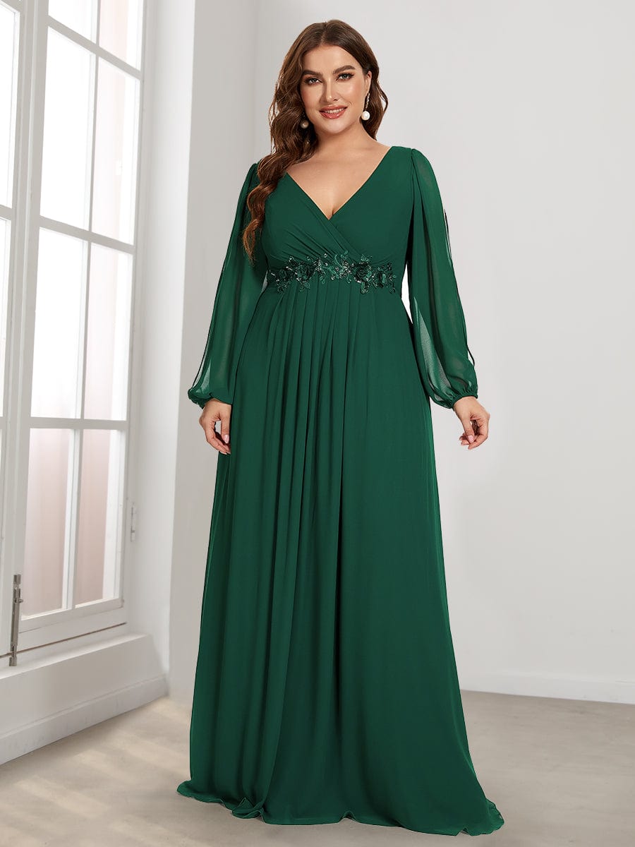 Robe de Soiree Longue Elegante Avec Lanterne en V Profond a Manches Fendues et Appliques #Couleur_Vert Fonce