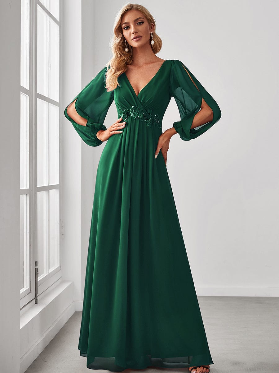 Robe de Soiree Longue Elegante Avec Lanterne en V Profond a Manches Fendues et Appliques #Couleur_Vert Fonce