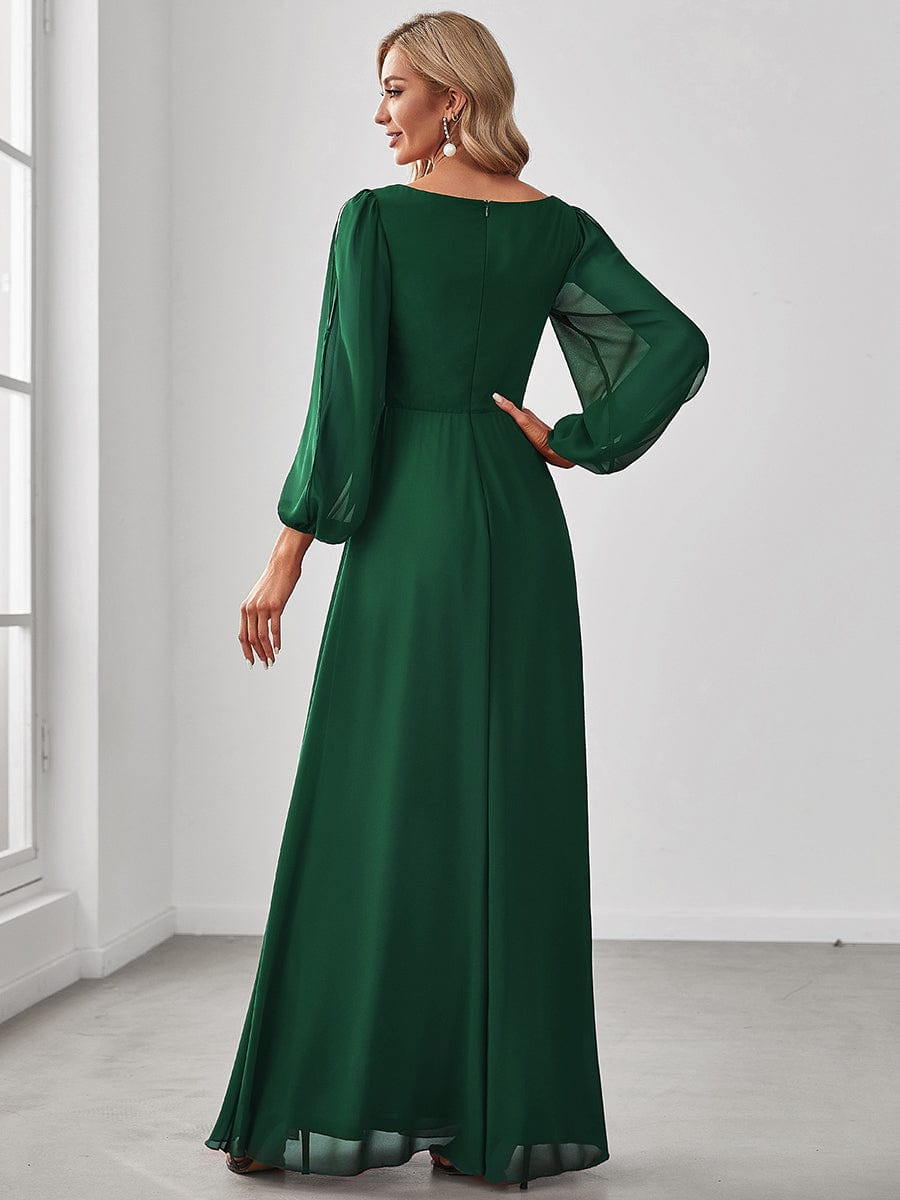 Robe de Soiree Longue Elegante Avec Lanterne en V Profond a Manches Fendues et Appliques #Couleur_Vert Fonce