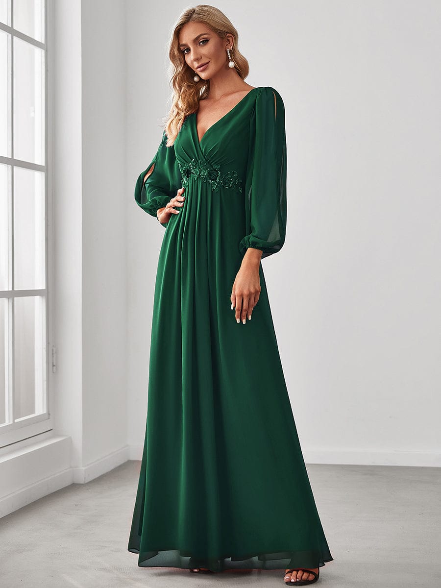 Robe de Soiree Longue Elegante Avec Lanterne en V Profond a Manches Fendues et Appliques #Couleur_Vert Fonce