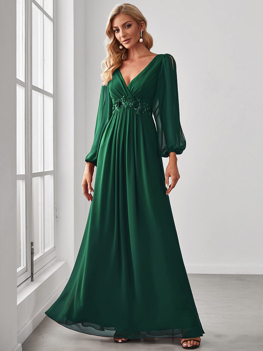 Robe de Soiree Longue Elegante Avec Lanterne en V Profond a Manches Fendues et Appliques #Couleur_Vert Fonce