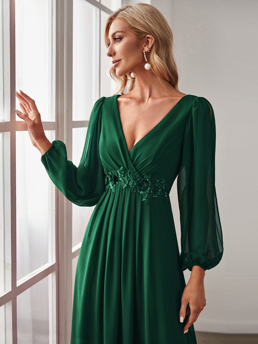 Robe de Soiree Longue Elegante Avec Lanterne en V Profond a Manches Fendues et Appliques #Couleur_Vert Fonce