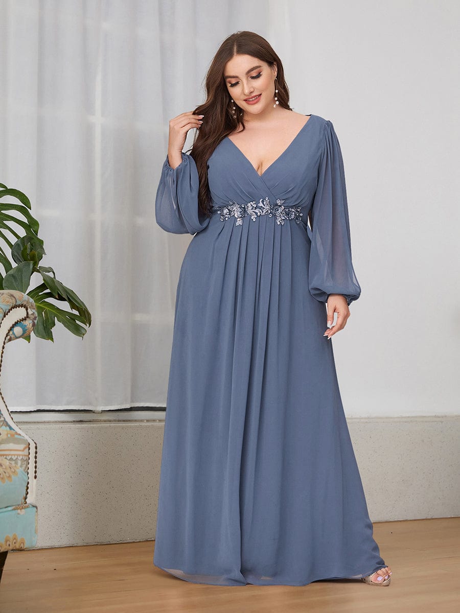 Robe de Soiree Longue Elegante Avec Lanterne en V Profond a Manches Fendues et Appliques #Couleur_Marine Fume