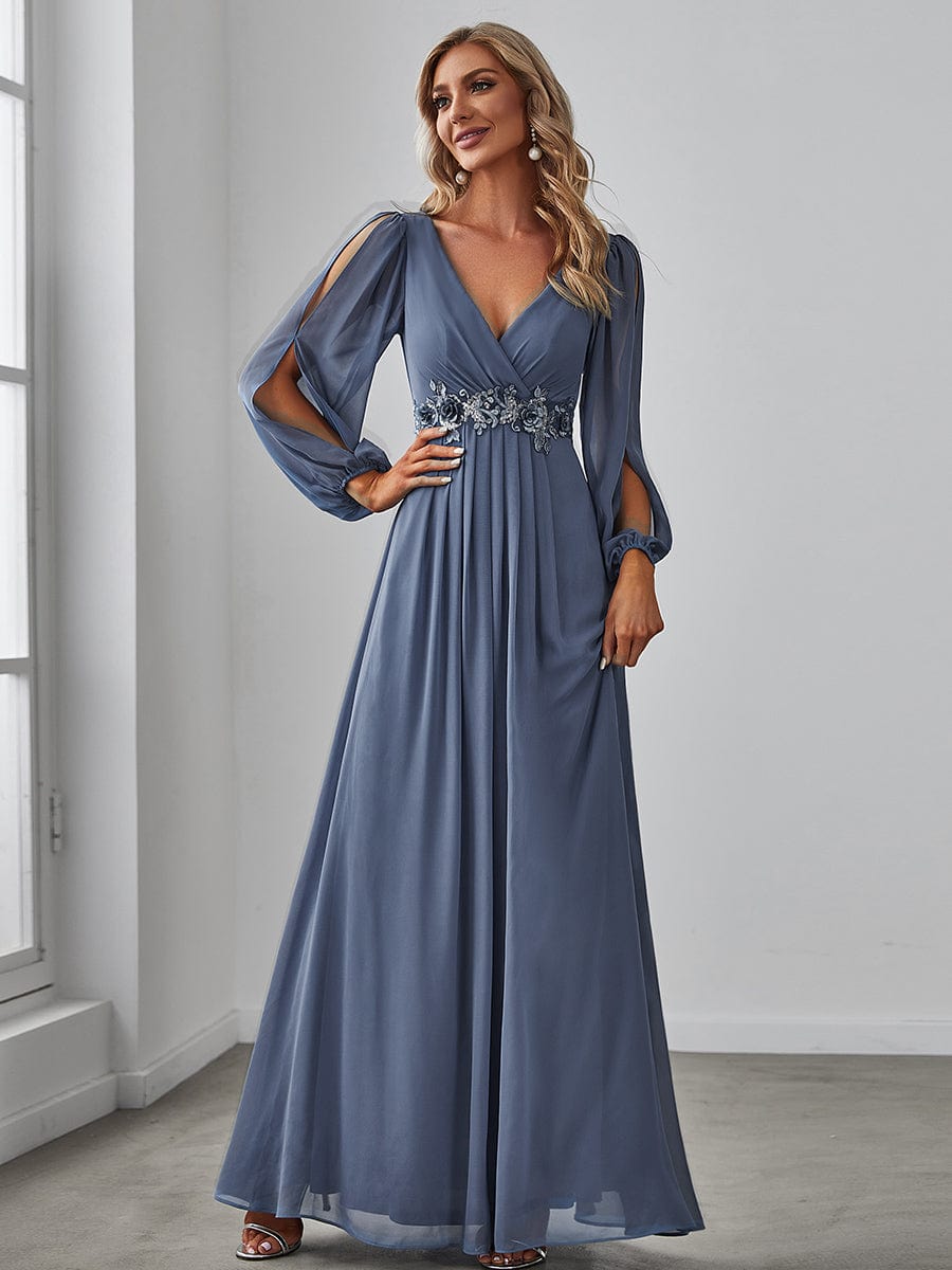 Robe de Soiree Longue Elegante Avec Lanterne en V Profond a Manches Fendues et Appliques #Couleur_Marine Fume