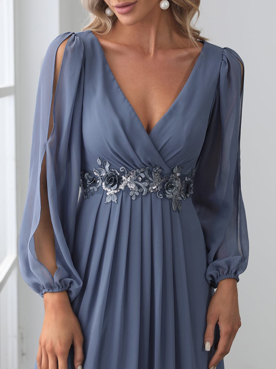 Robe de Soiree Longue Elegante Avec Lanterne en V Profond a Manches Fendues et Appliques #Couleur_Marine Fume