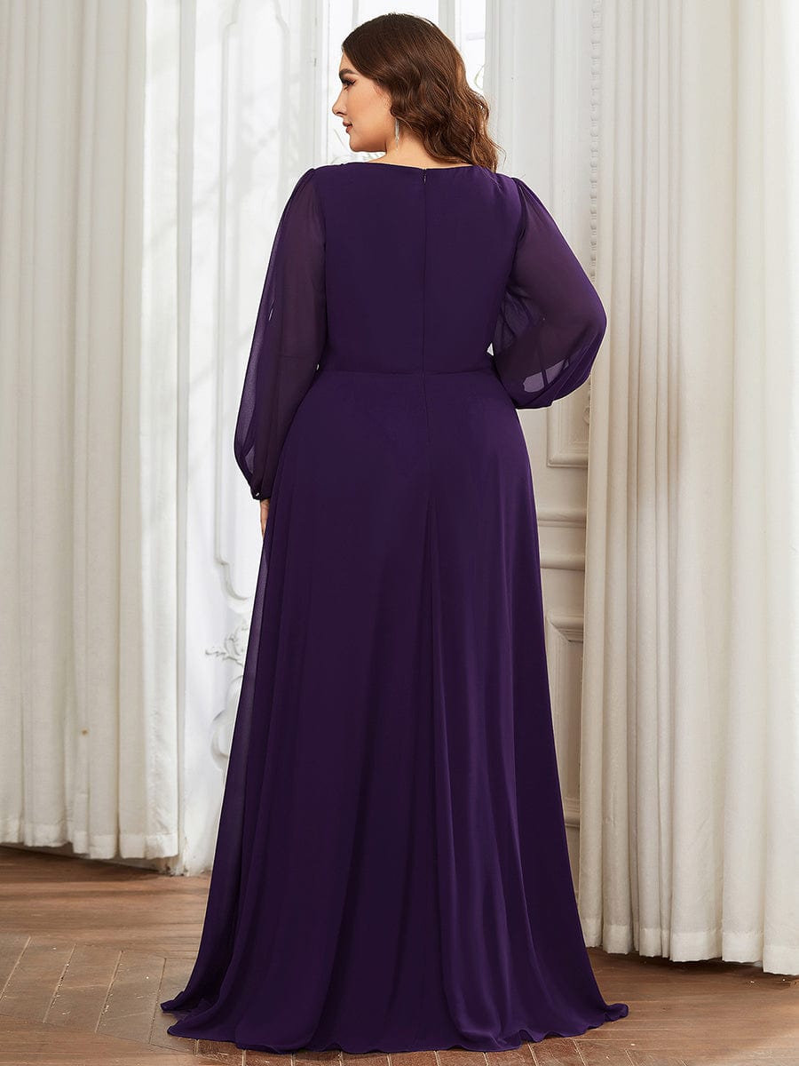 Robe de Soiree Longue Elegante Avec Lanterne en V Profond a Manches Fendues et Appliques #Couleur_Violet Fonce