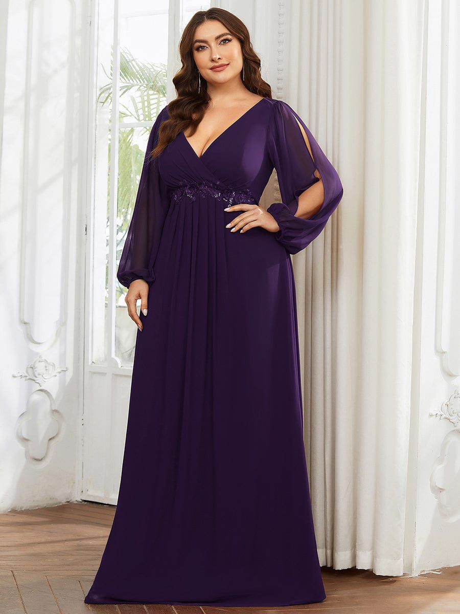 Robe de Soiree Longue Elegante Avec Lanterne en V Profond a Manches Fendues et Appliques #Couleur_Violet Fonce