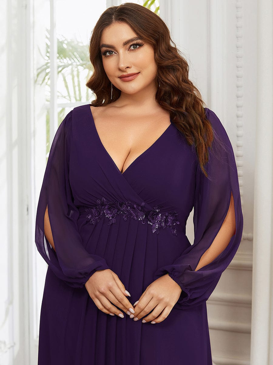 Robe de Soiree Longue Elegante Avec Lanterne en V Profond a Manches Fendues et Appliques #Couleur_Violet Fonce