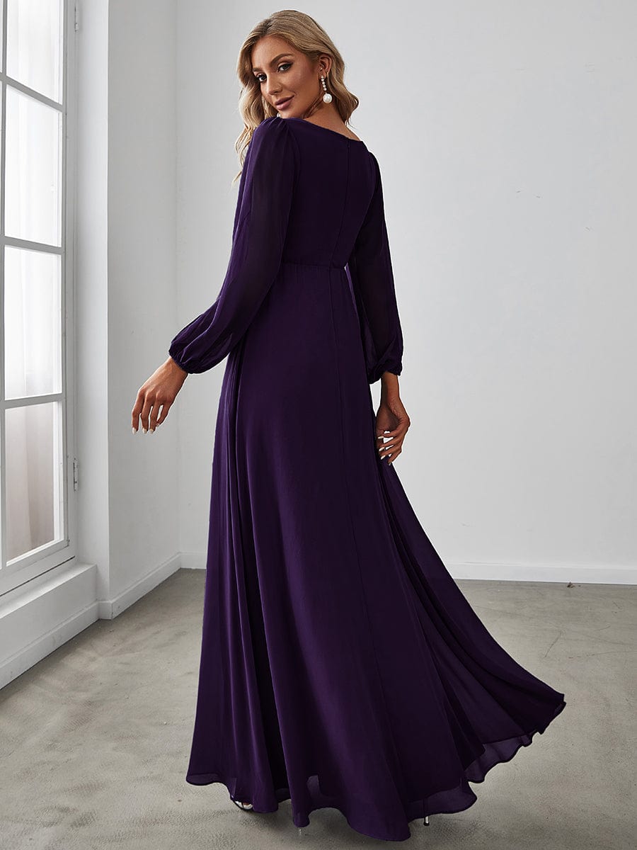 Robe de Soiree Longue Elegante Avec Lanterne en V Profond a Manches Fendues et Appliques #Couleur_Violet Fonce