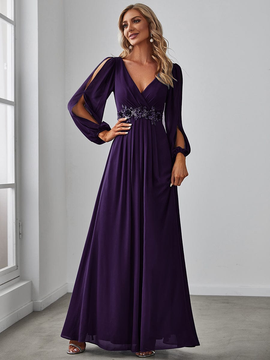 Robe de Soiree Longue Elegante Avec Lanterne en V Profond a Manches Fendues et Appliques #Couleur_Violet Fonce