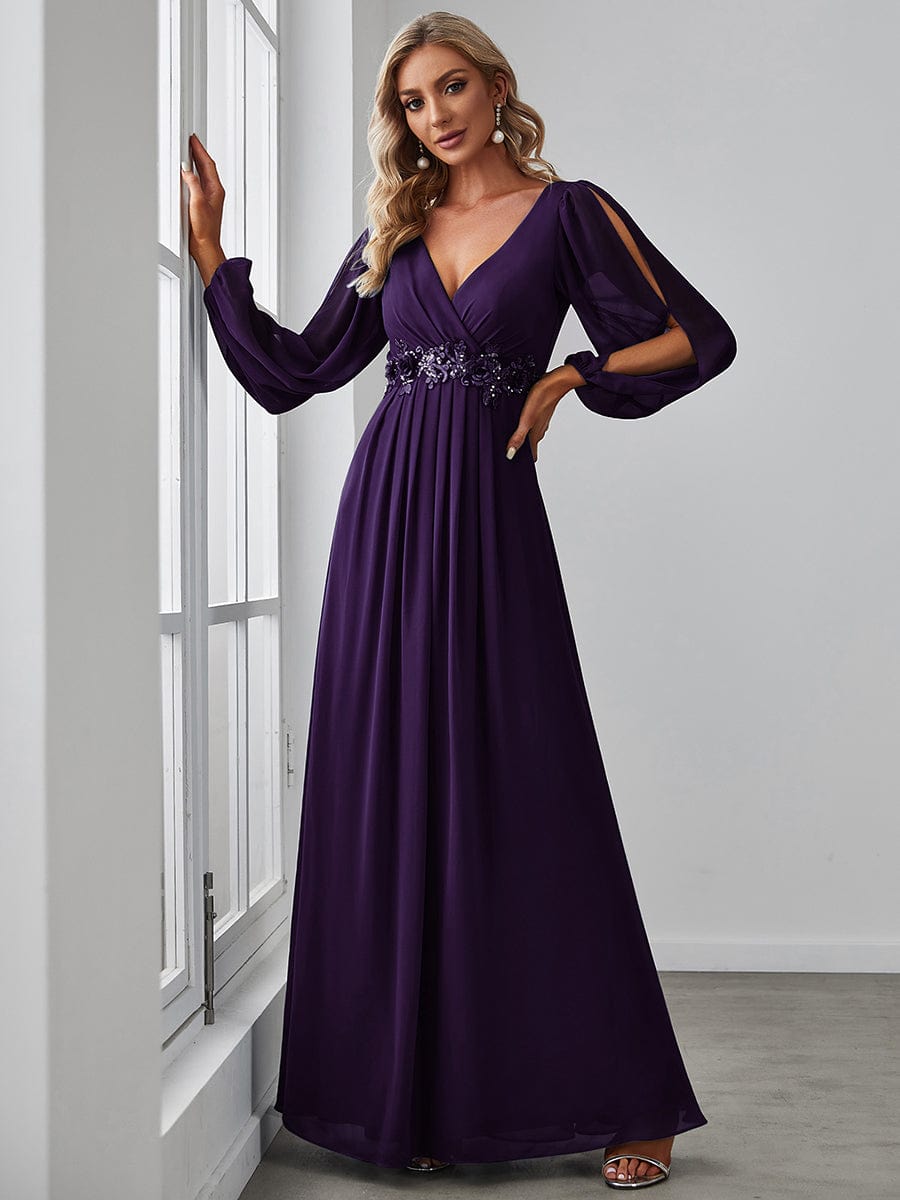 Robe de Soiree Longue Elegante Avec Lanterne en V Profond a Manches Fendues et Appliques #Couleur_Violet Fonce