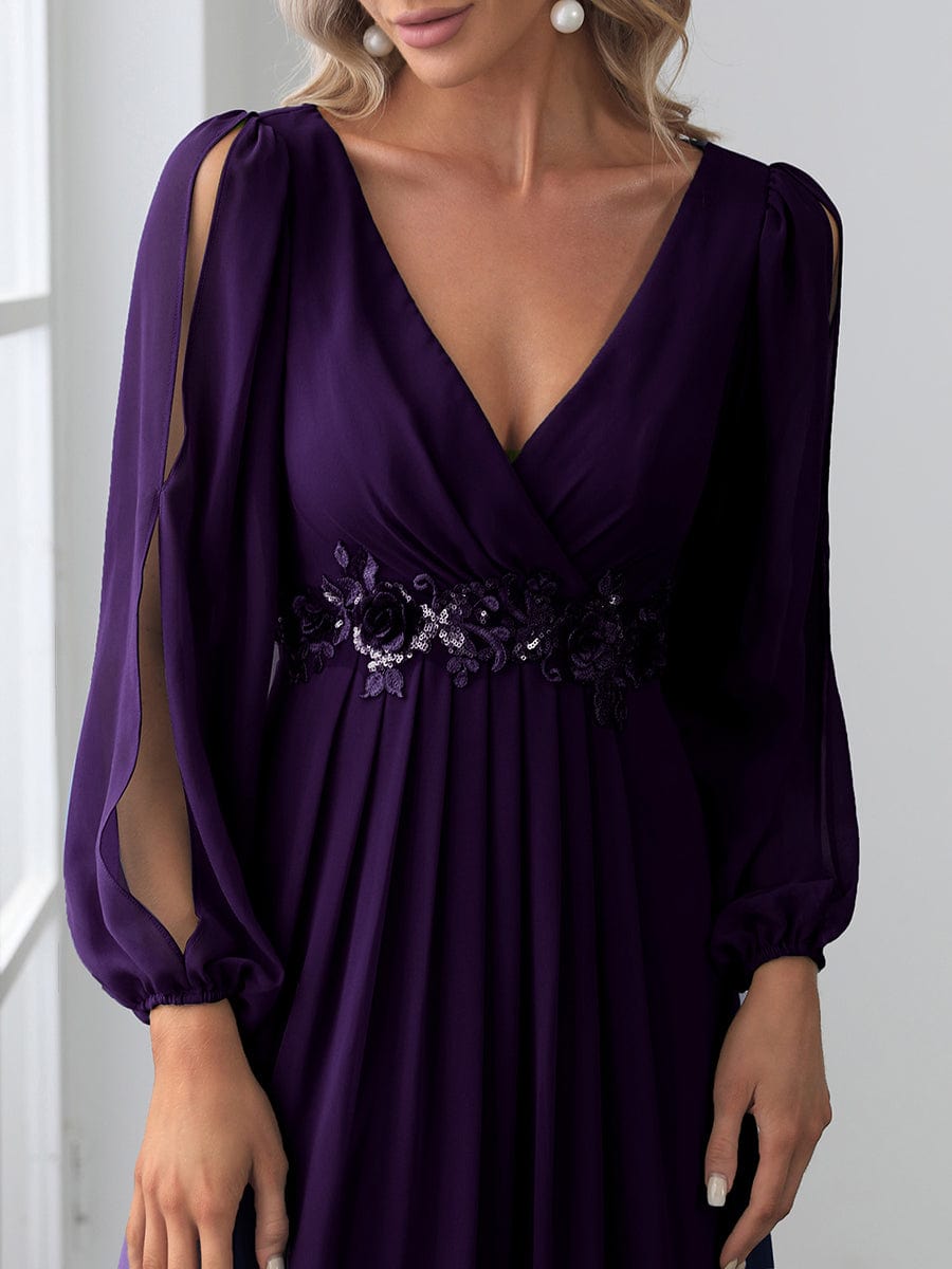 Robe de Soiree Longue Elegante Avec Lanterne en V Profond a Manches Fendues et Appliques #Couleur_Violet Fonce