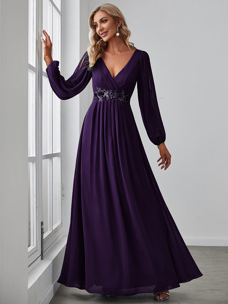 Robe de Soiree Longue Elegante Avec Lanterne en V Profond a Manches Fendues et Appliques #Couleur_Violet Fonce