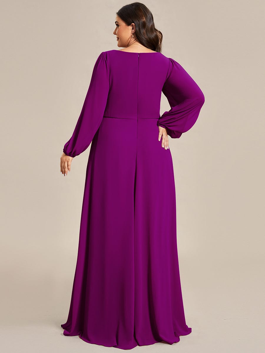 Robe de Soiree Longue Elegante Avec Lanterne en V Profond a Manches Fendues et Appliques #Couleur_Fuchsia