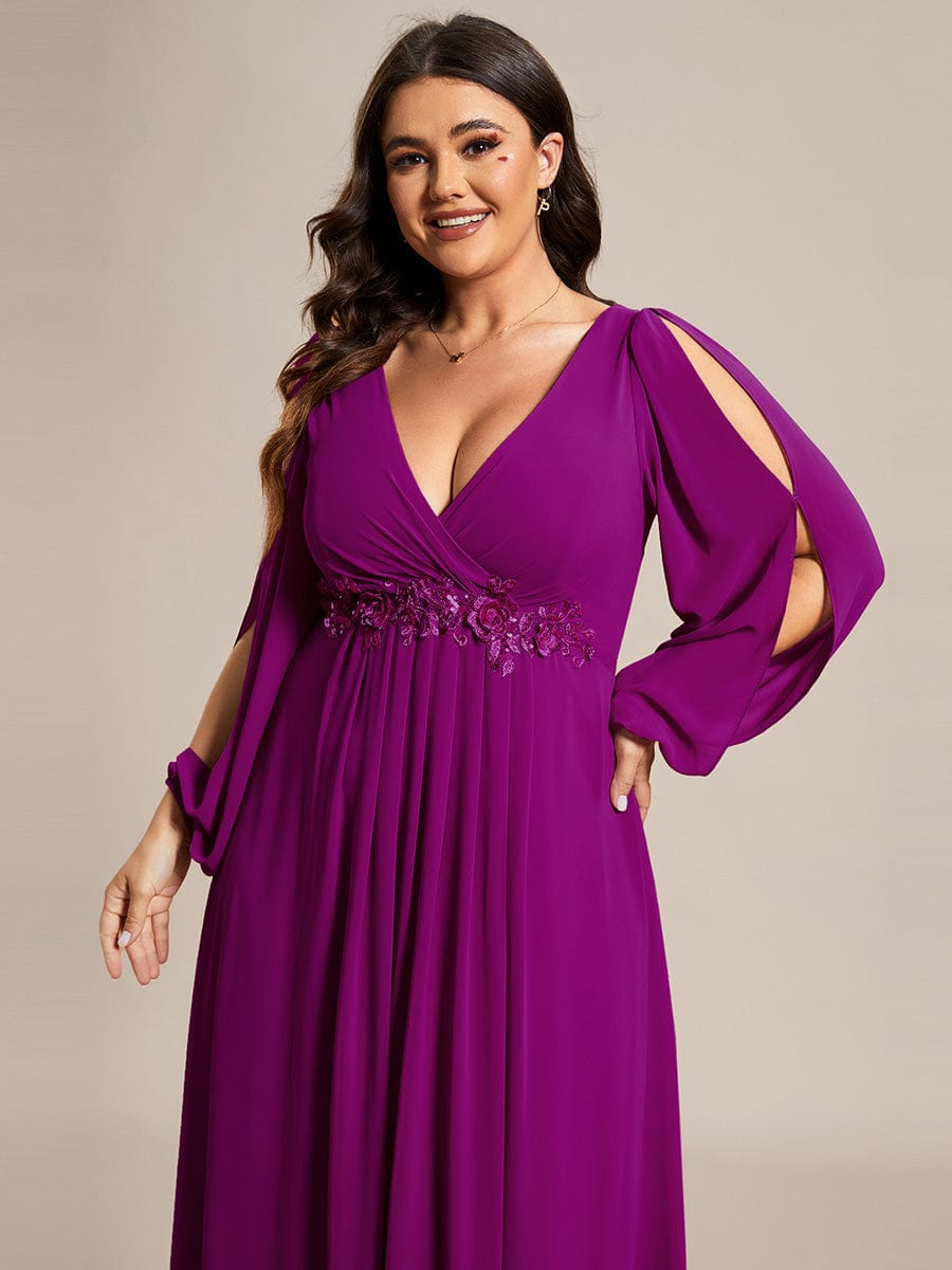 Robe de Soiree Longue Elegante Avec Lanterne en V Profond a Manches Fendues et Appliques #Couleur_Fuchsia