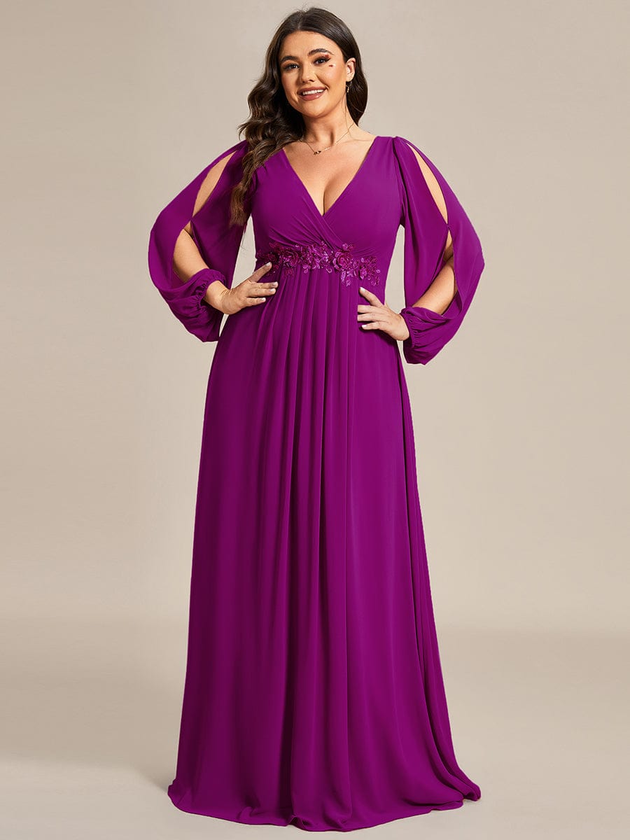 Robe de Soiree Longue Elegante Avec Lanterne en V Profond a Manches Fendues et Appliques #Couleur_Fuchsia