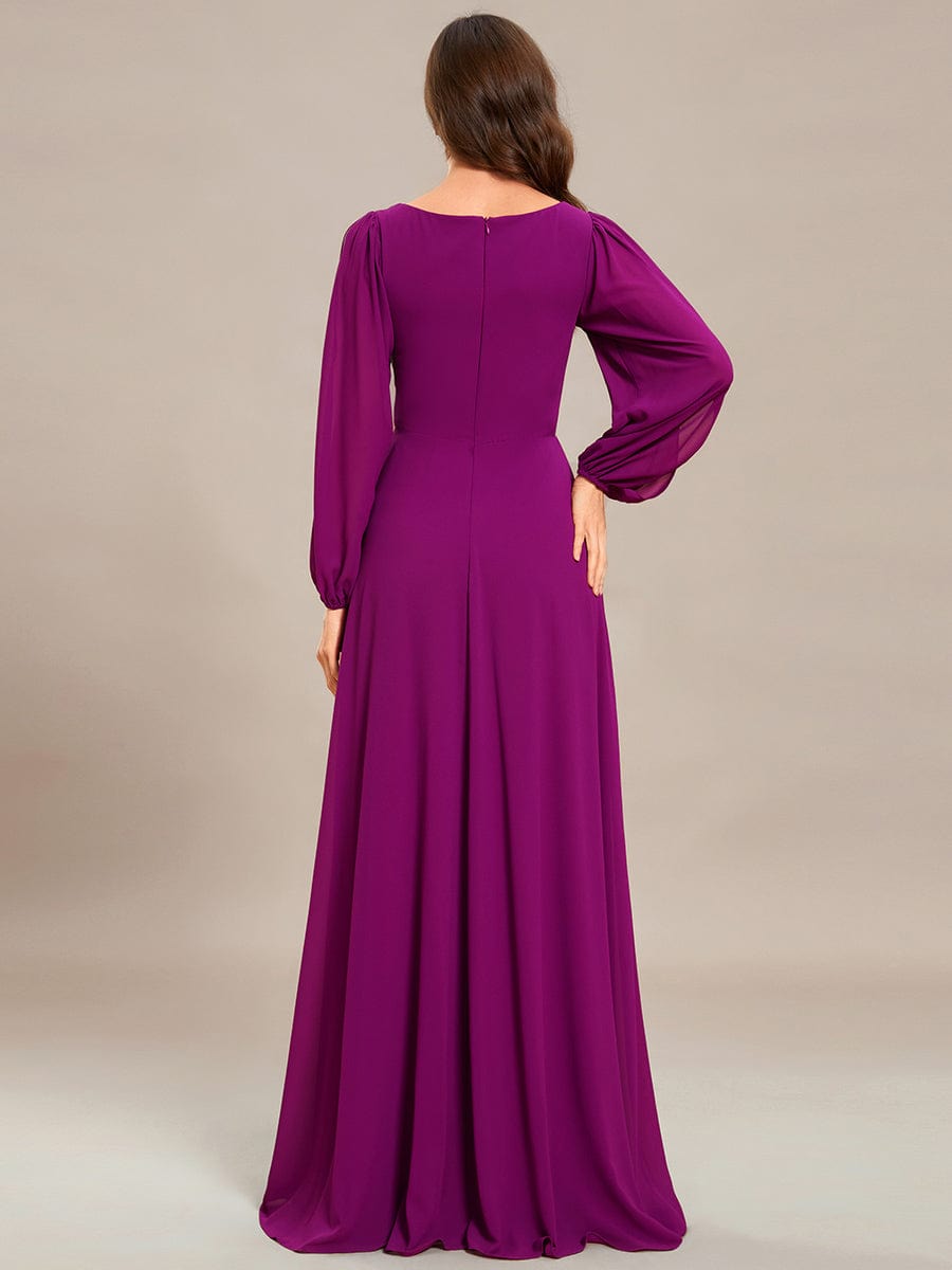 Robe de Soiree Longue Elegante Avec Lanterne en V Profond a Manches Fendues et Appliques #Couleur_Fuchsia