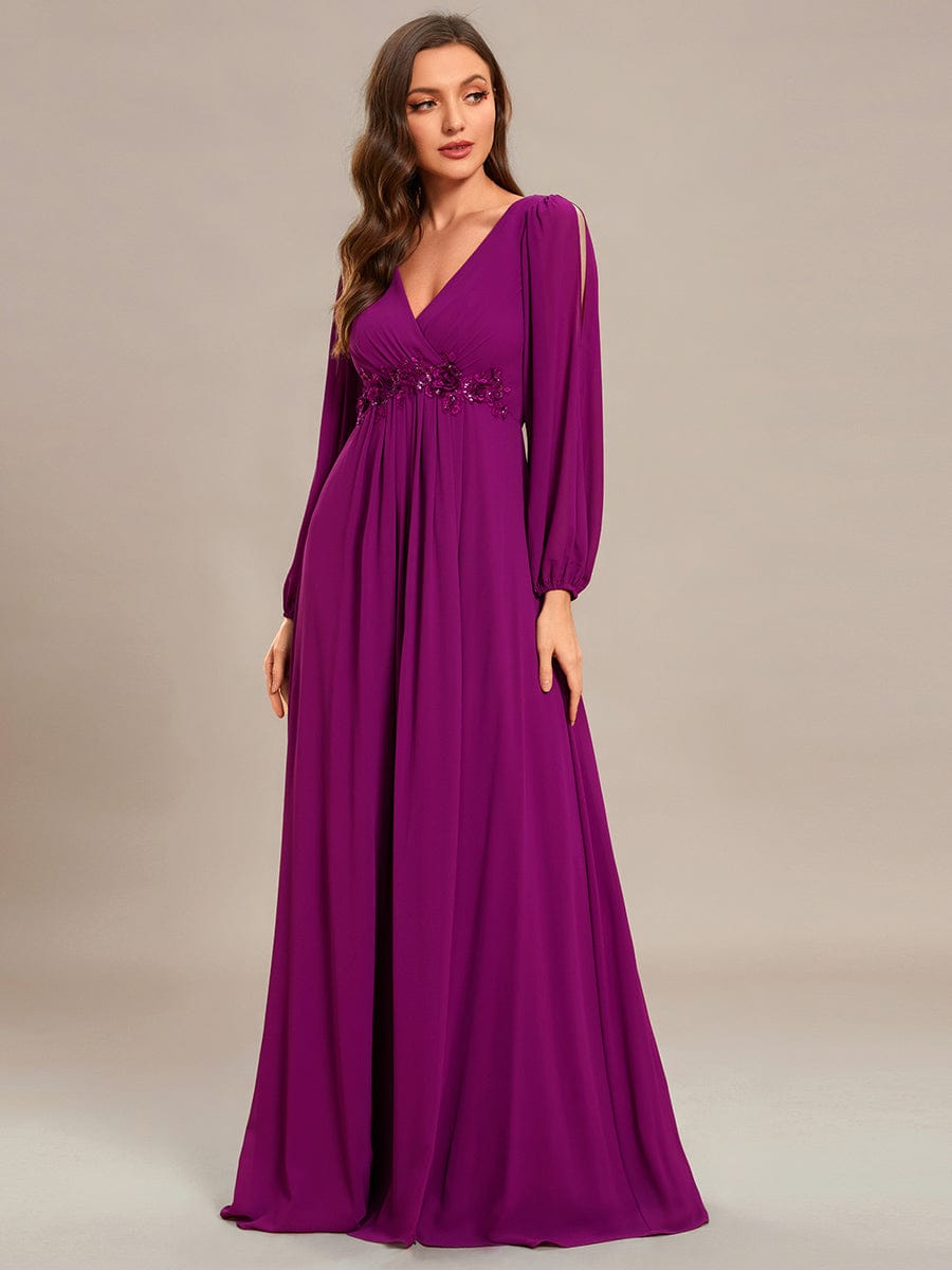 Robe de Soiree Longue Elegante Avec Lanterne en V Profond a Manches Fendues et Appliques #Couleur_Fuchsia