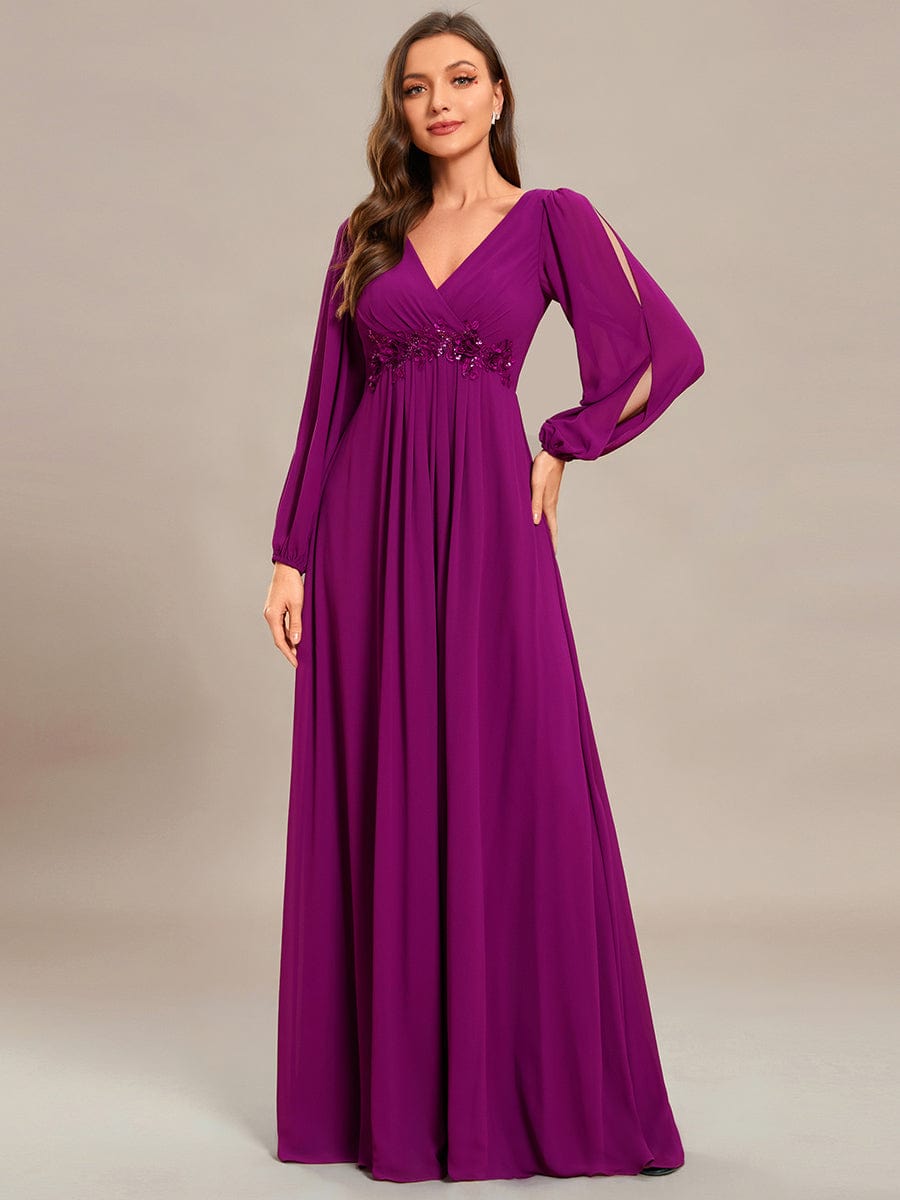 Robe de Soiree Longue Elegante Avec Lanterne en V Profond a Manches Fendues et Appliques #Couleur_Fuchsia