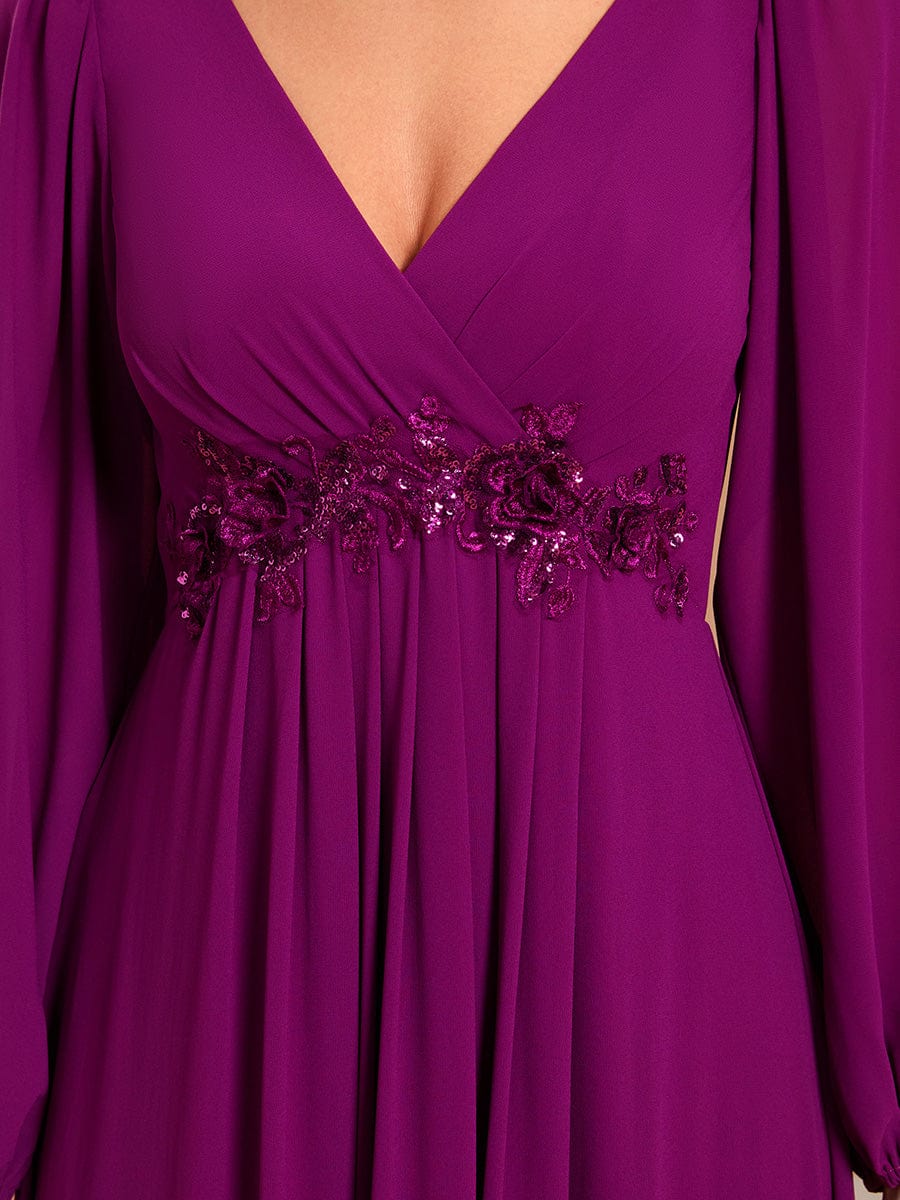 Robe de Soiree Longue Elegante Avec Lanterne en V Profond a Manches Fendues et Appliques #Couleur_Fuchsia