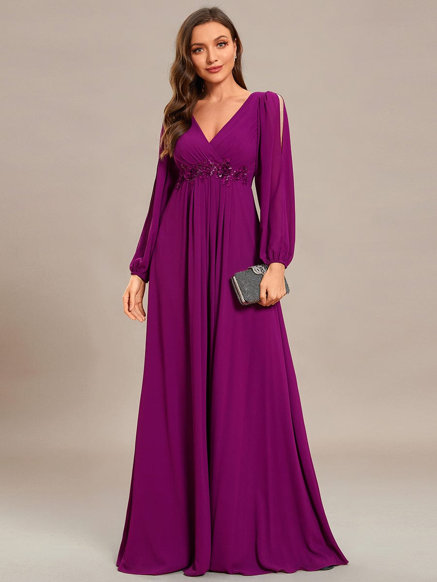 Robe de Soiree Longue Elegante Avec Lanterne en V Profond a Manches Fendues et Appliques #Couleur_Fuchsia