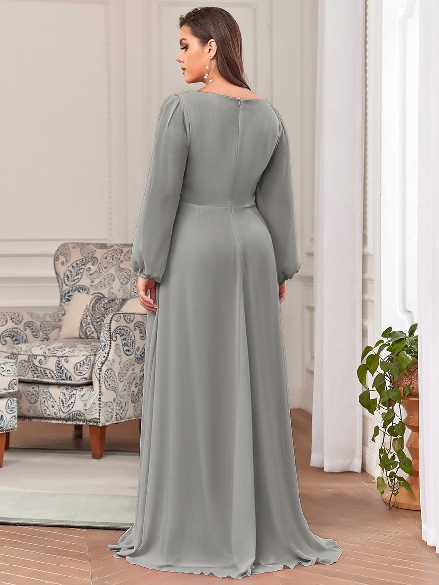 Robe de Soiree Longue Elegante Avec Lanterne en V Profond a Manches Fendues et Appliques #Couleur_Gris