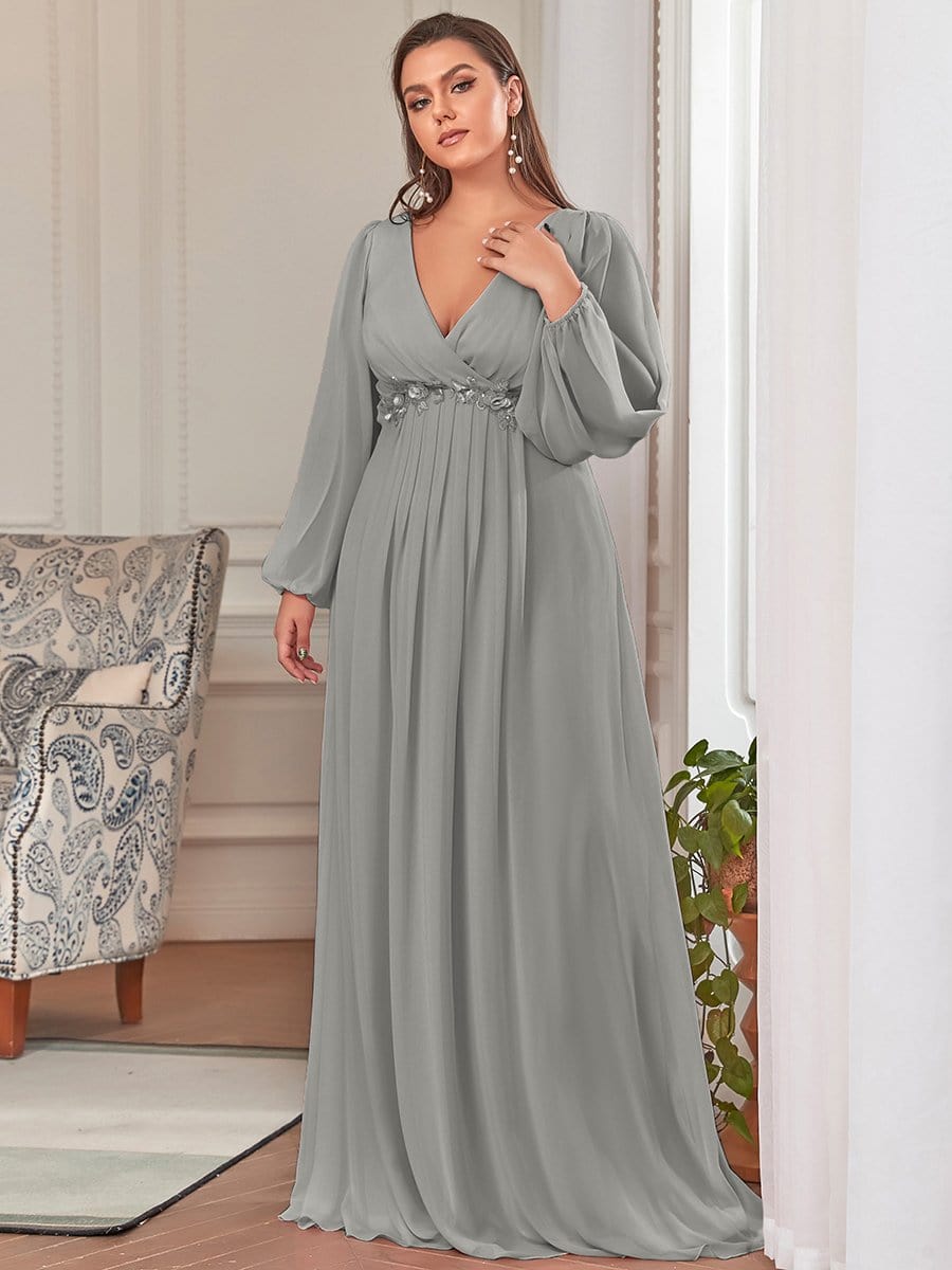 Robe de Soiree Longue Elegante Avec Lanterne en V Profond a Manches Fendues et Appliques #Couleur_Gris