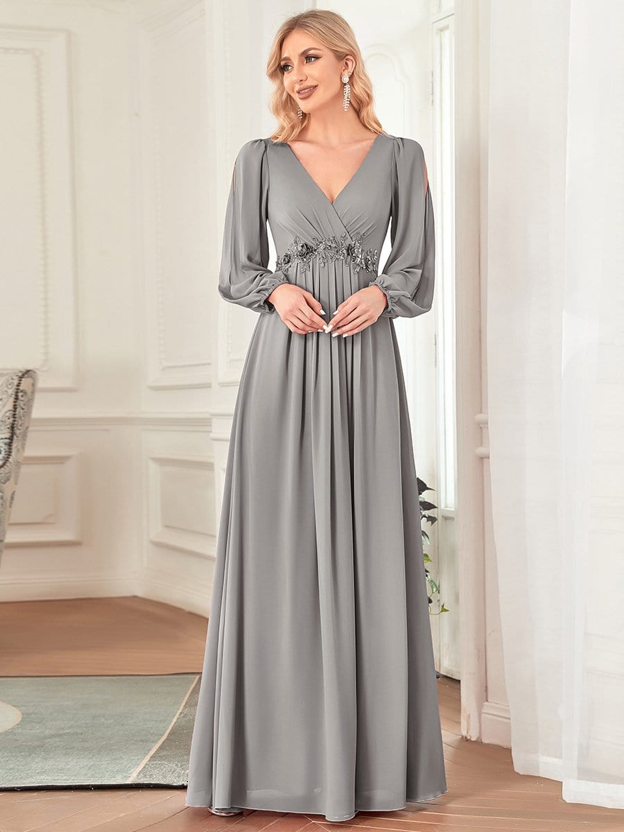 Robe de Soiree Longue Elegante Avec Lanterne en V Profond a Manches Fendues et Appliques #Couleur_Gris