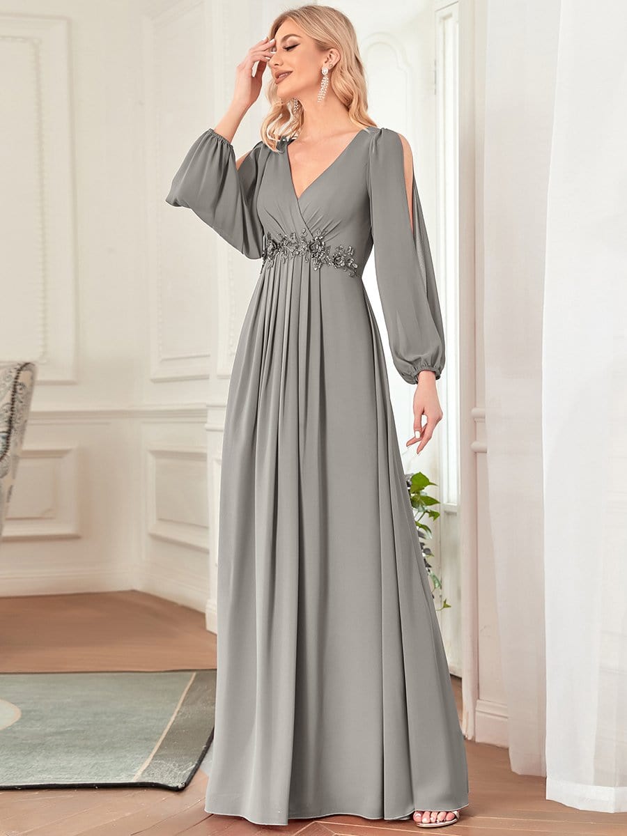 Robe de Soiree Longue Elegante Avec Lanterne en V Profond a Manches Fendues et Appliques #Couleur_Gris