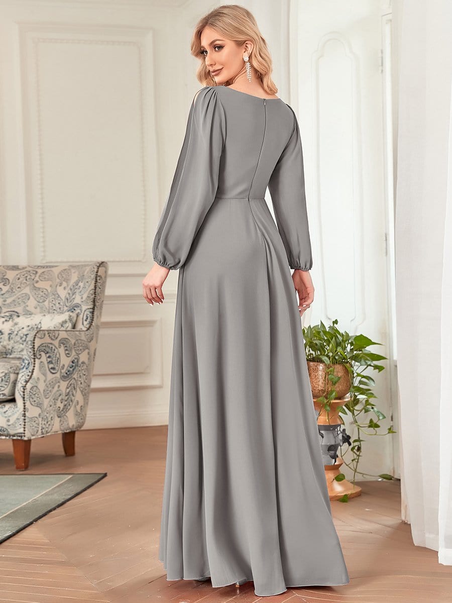 Robe de Soiree Longue Elegante Avec Lanterne en V Profond a Manches Fendues et Appliques #Couleur_Gris