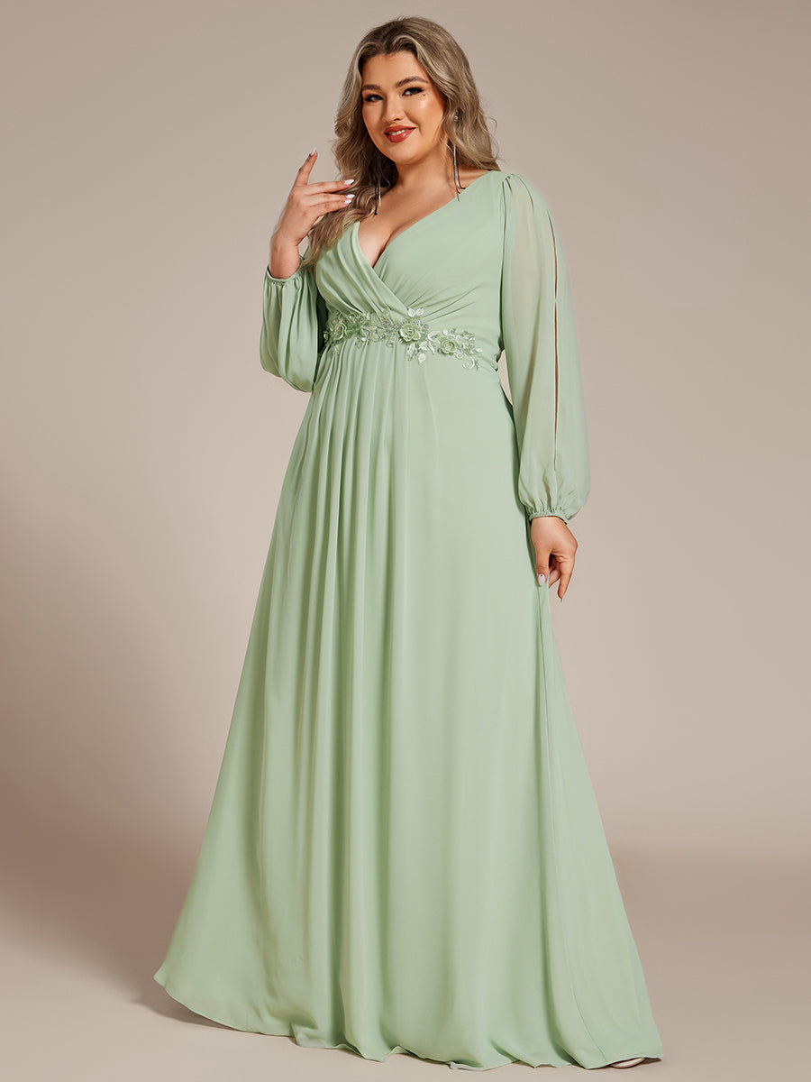 Robe de Soiree Longue Elegante Avec Lanterne en V Profond a Manches Fendues et Appliques #Couleur_Menthe Verte